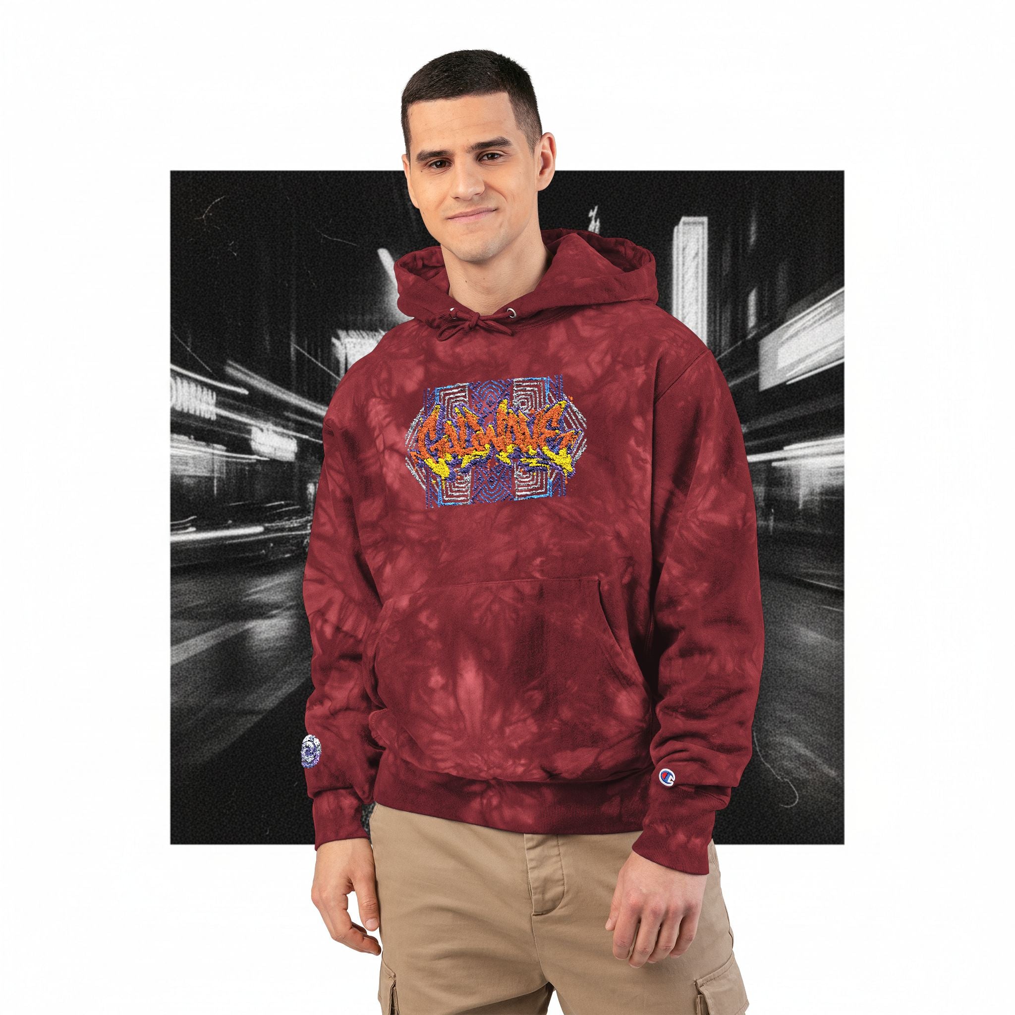 Tie-Dye Embroidered Hoodie — Red Champion-Style Streetwear